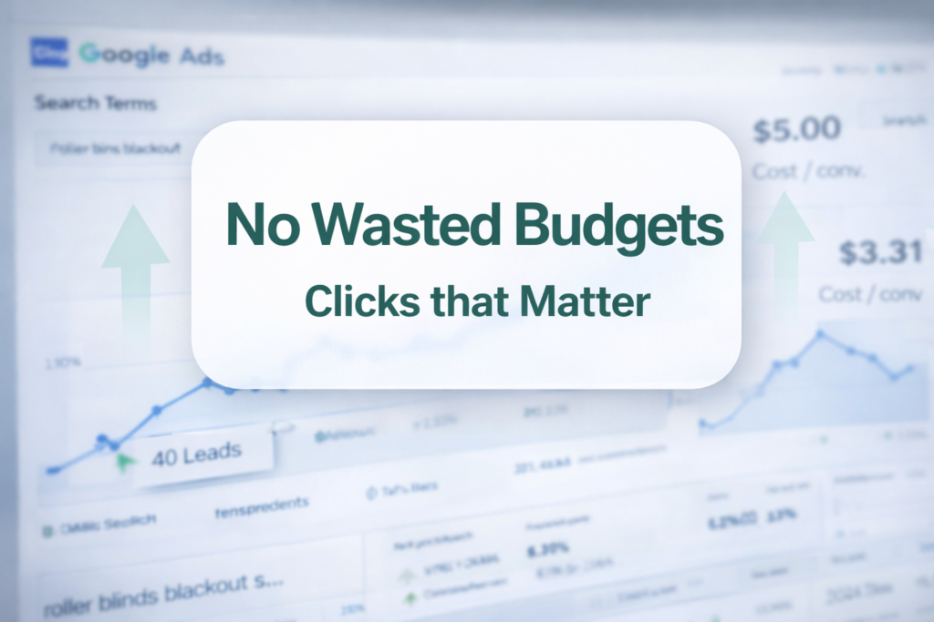 Optimized Google Ads campaigns delivering qualified clicks for blinds and curtains companies