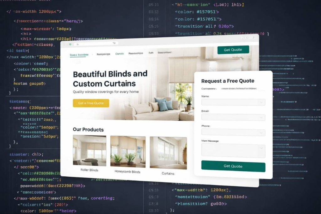 Custom website design and development for blinds companies showing modern website interface with code behind the design
