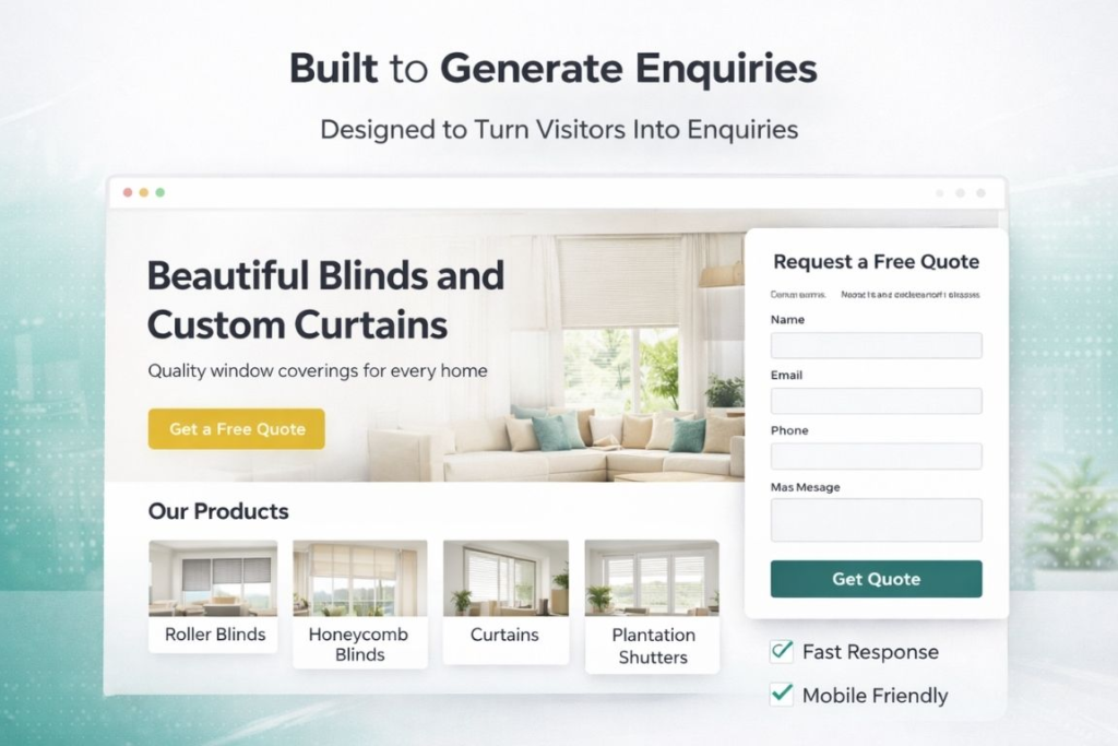 Blinds company website layout designed to generate enquiries with clear call to action and quote form