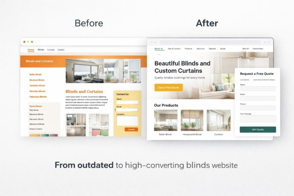 Example of blinds company website redesign showing outdated website compared to modern high-converting blinds website