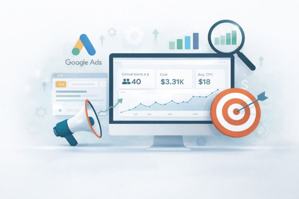 Digital marketing dashboard showing Google Ads performance and growth analytics for blinds and curtains businesses