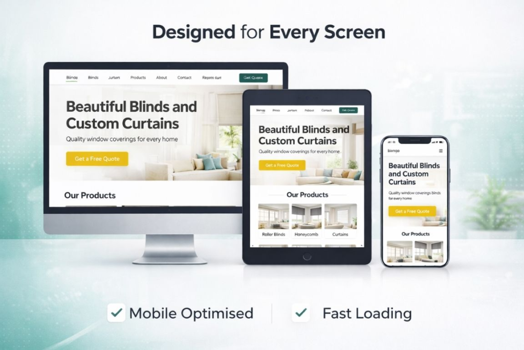 Responsive website design for blinds company showing desktop tablet and mobile layout