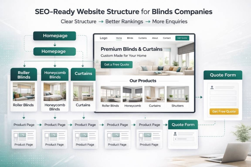 SEO optimised website structure for blinds company showing homepage, product categories and quote pages